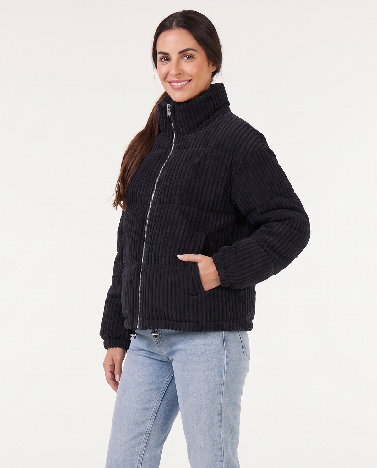 Women's Oversized Corduroy Puffer Jacket in Black – three-quarter view
