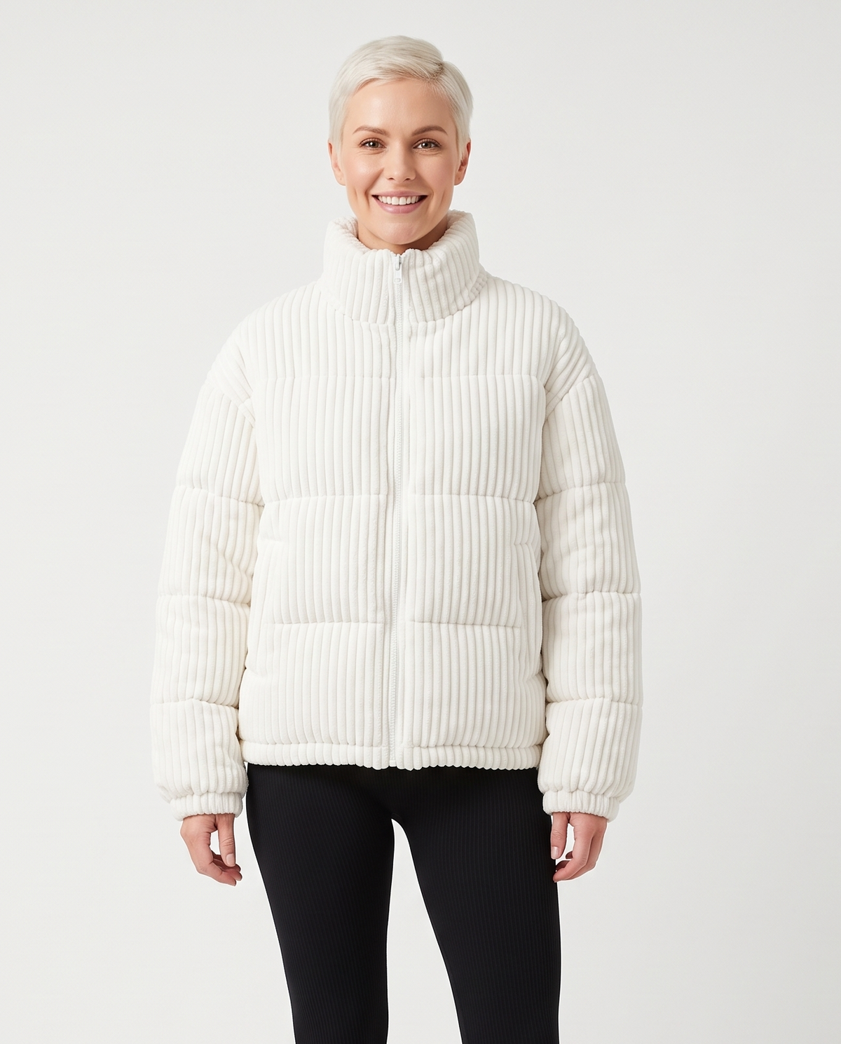 Women's Oversized Corduroy Puffer Jacket in White – front view