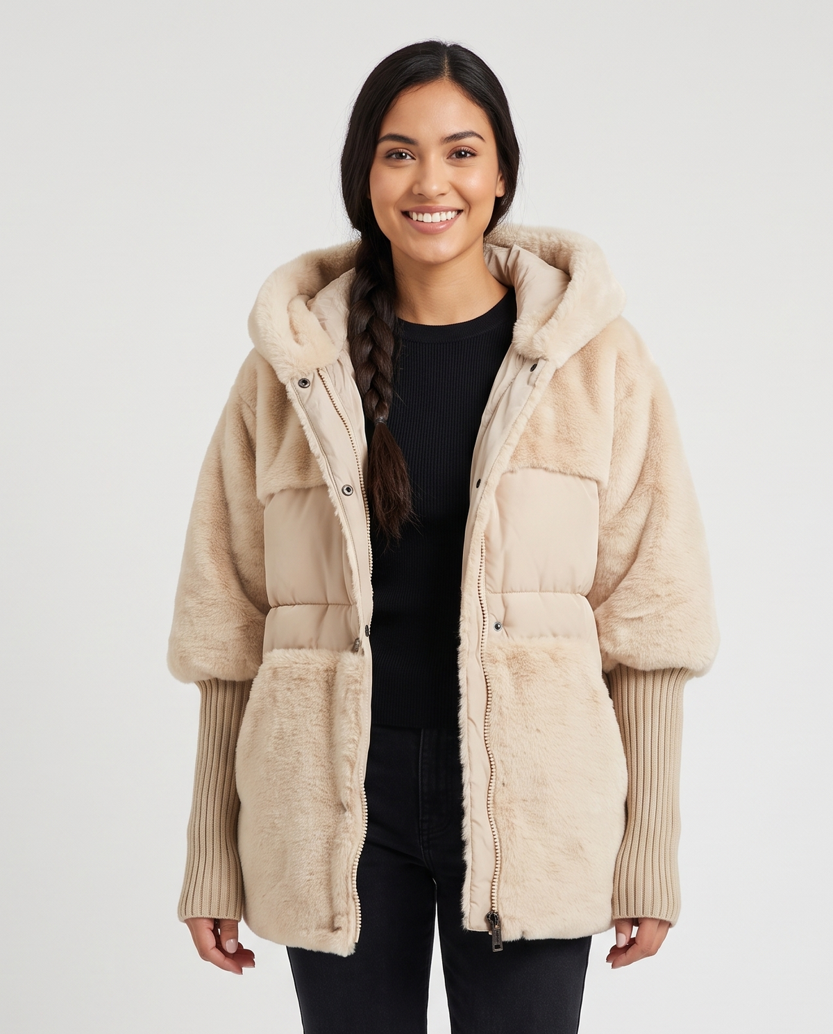 Women's Oversized Faux-Fur Puffer Jacket in Beige – front view