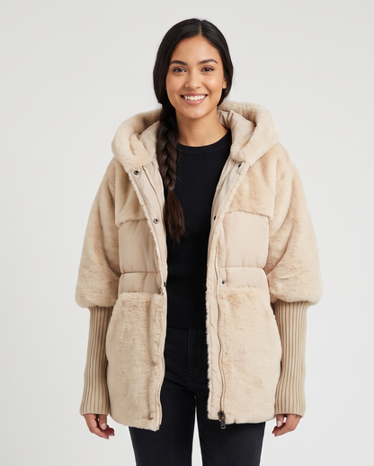 Women's Oversized Faux-Fur Puffer Jacket in Beige – front view
