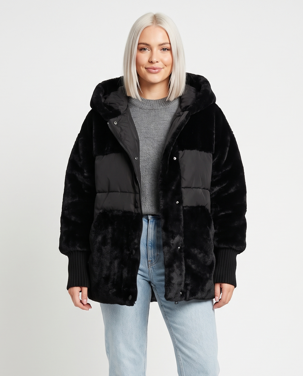Women's Oversized Faux-Fur Puffer Jacket in Black – front view