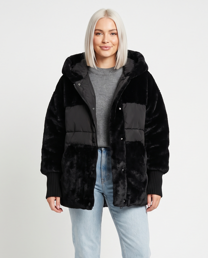 Women's Oversized Faux-Fur Puffer Jacket in Black – front view