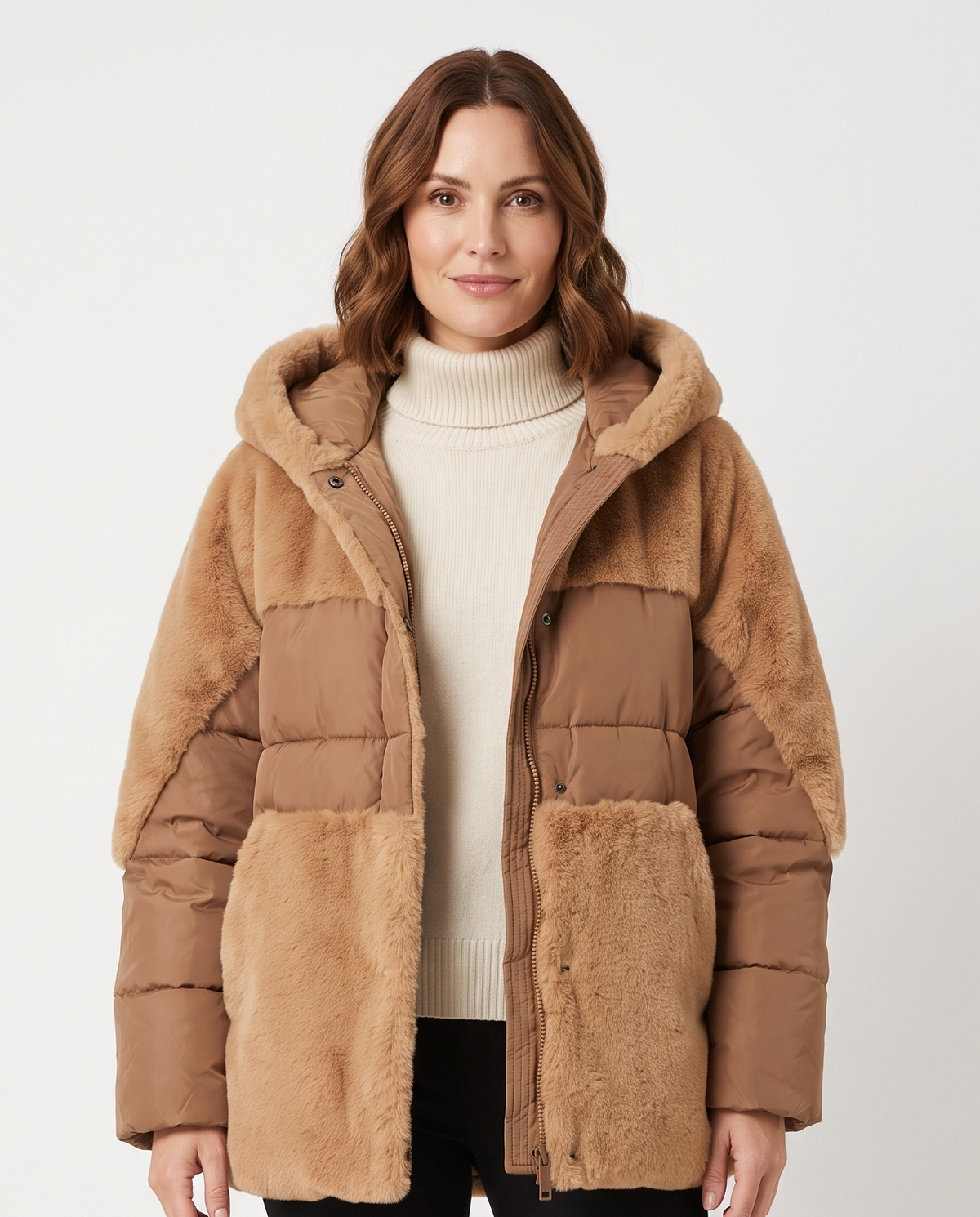 Women's Oversized Faux-Fur Puffer Jacket in Brown – front view