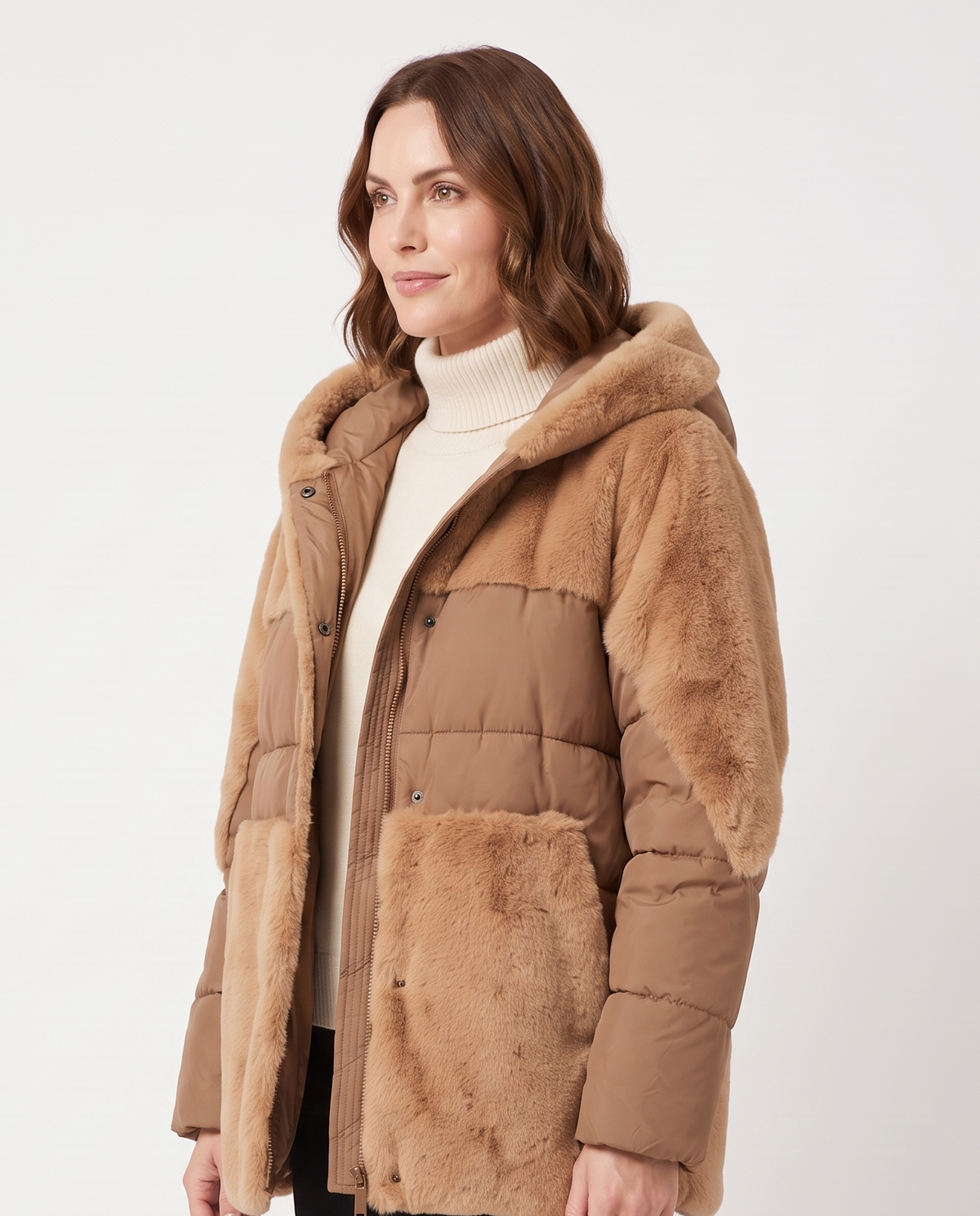 Women's Oversized Faux-Fur Puffer Jacket in Brown – three-quarter view