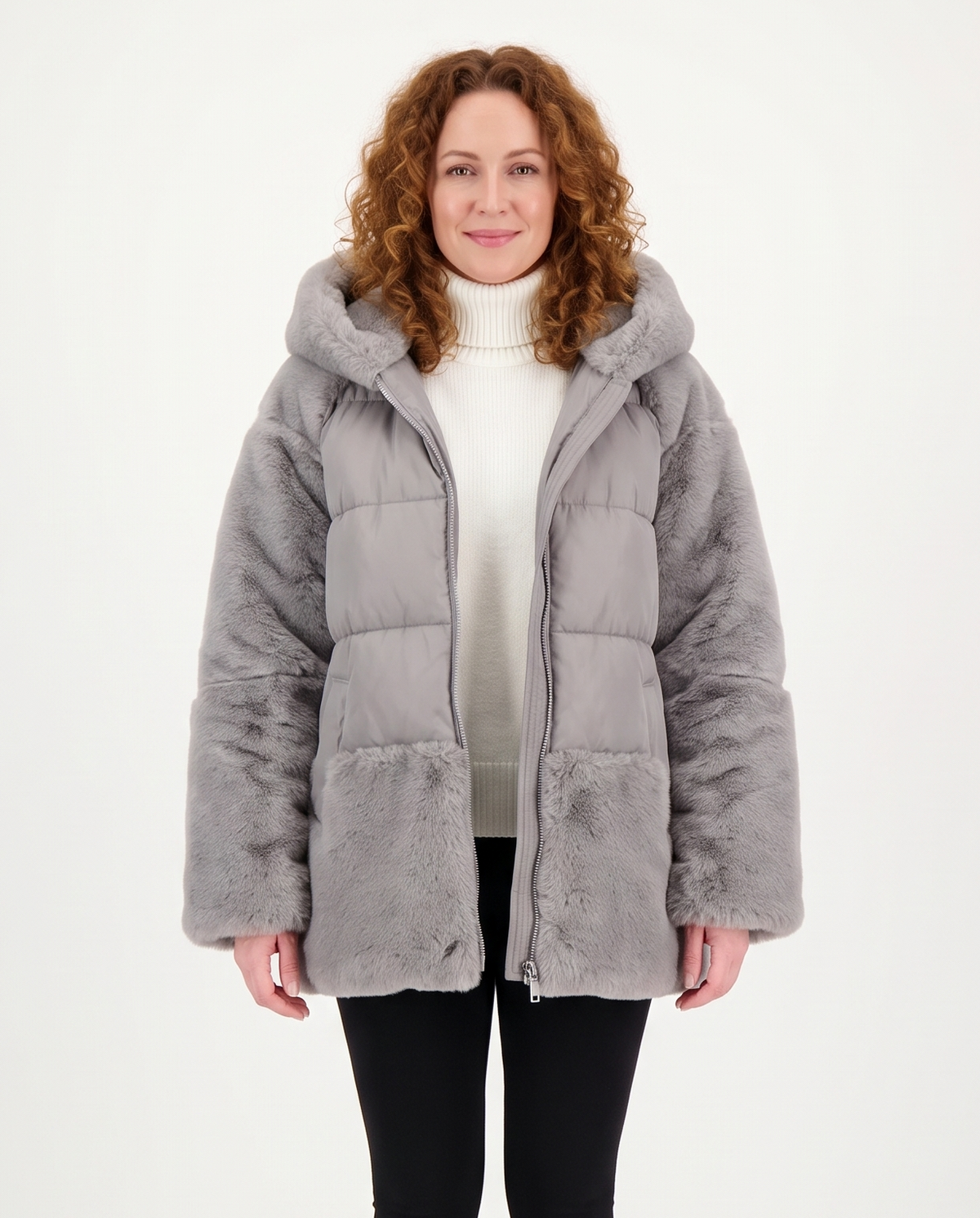 Women's Oversized Faux-Fur Puffer Jacket in Grey – front view