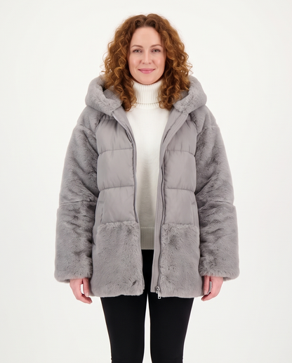 Women's Oversized Faux-Fur Puffer Jacket in Grey – front view