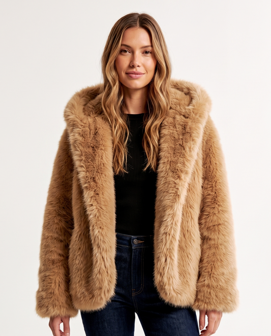Women's Oversized Hooded Faux Fur Long Sleeve Winter Coat in Brown – front view