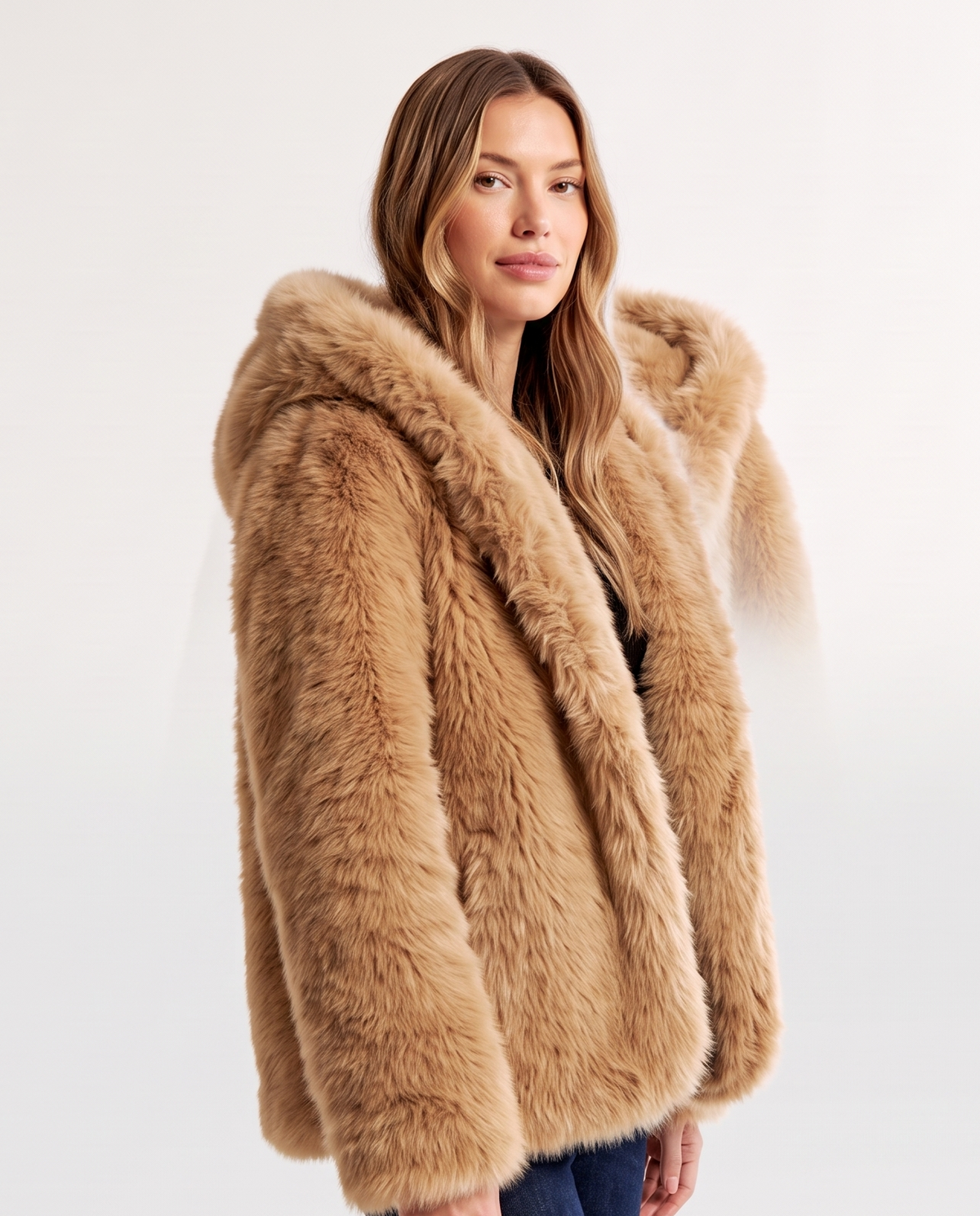 Women's Oversized Hooded Faux Fur Long Sleeve Winter Coat in Brown – three-quarter view