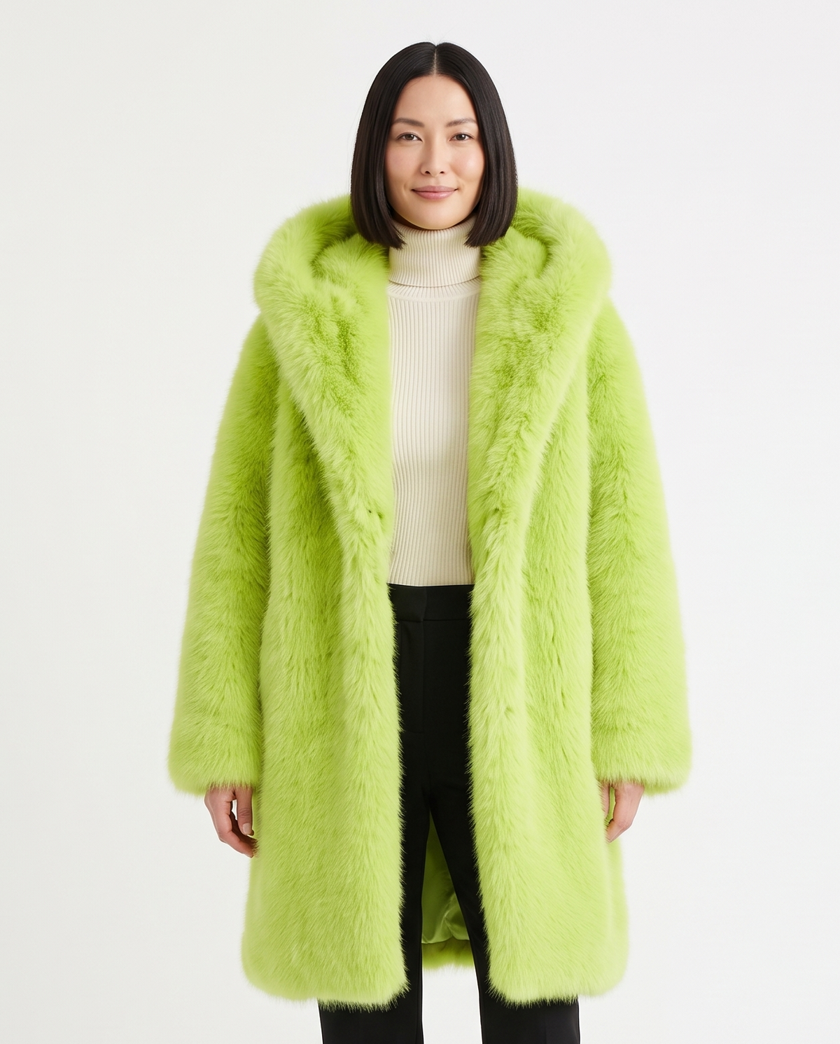 Women's Oversized Hooded Faux Fur Long Sleeve Winter Coat in Green – front view