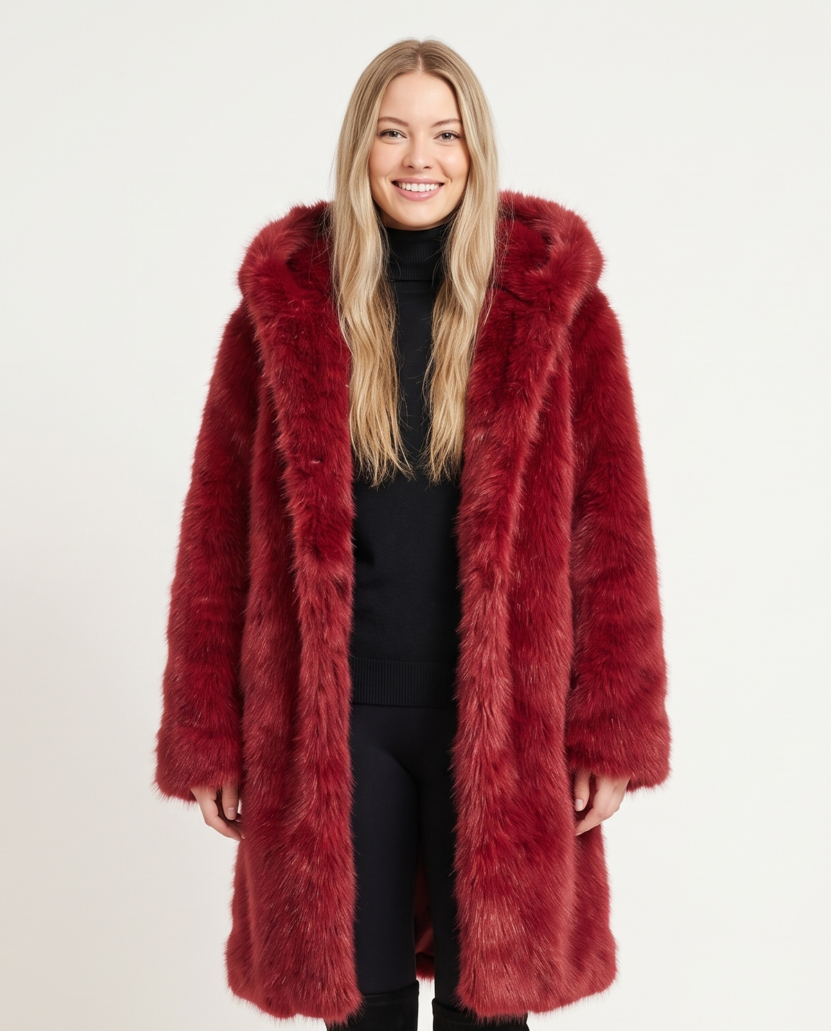 Women's Oversized Hooded Faux Fur Long Sleeve Winter Coat in Red – front view