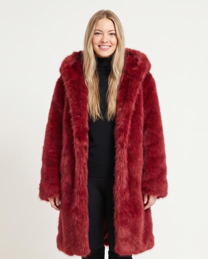 Women's Oversized Hooded Faux Fur Long Sleeve Winter Coat in Red – front view