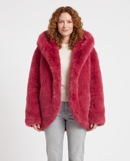 Women's Oversized Hooded Faux Fur Long Sleeve Winter Coat in Rose Red – front view