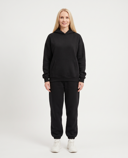 Women's Oversized Hooded Tracksuit Set in Black – front view
