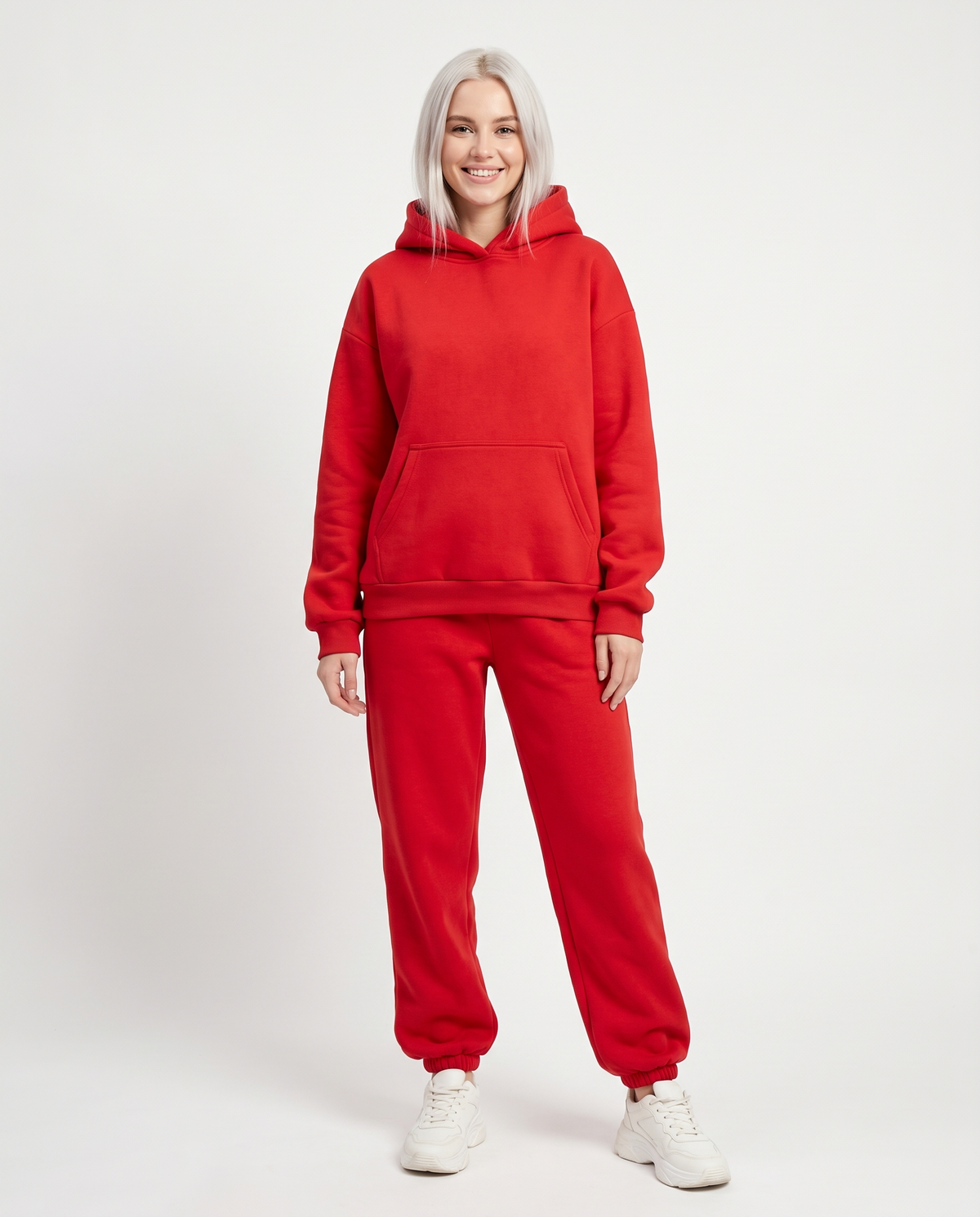 Women's Oversized Hooded Tracksuit Set in Red – front view