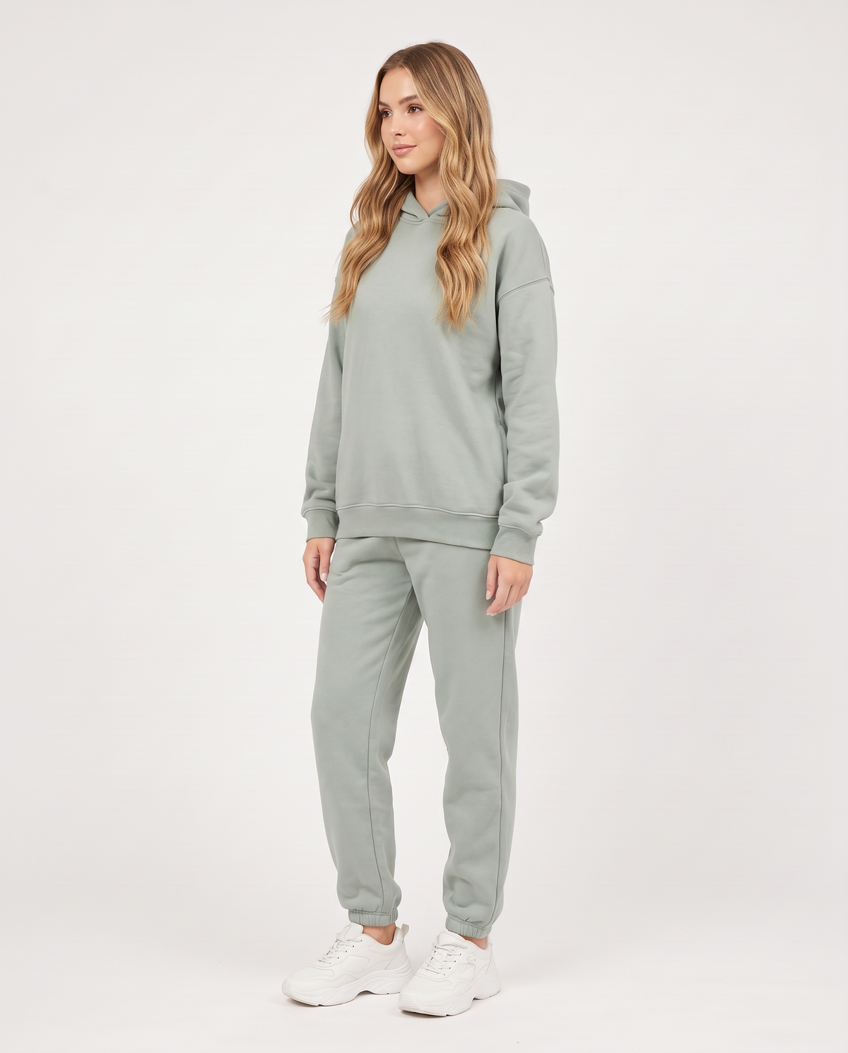 Women's Oversized Hooded Tracksuit Set in Sage Green – three-quarter view