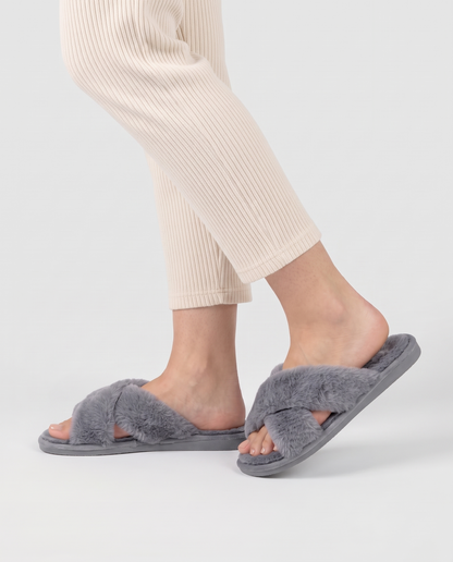 Women's Plush Cross-Strap Slippers in Grey – side profile view