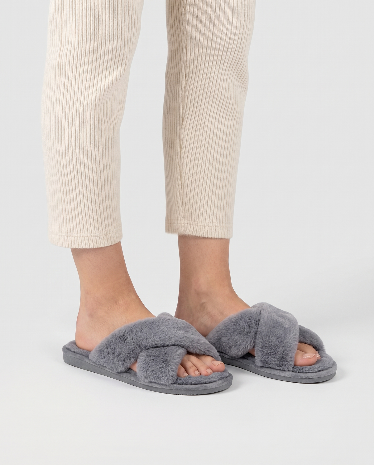 Women's Plush Cross-Strap Slippers in Grey – three-quarter standing view