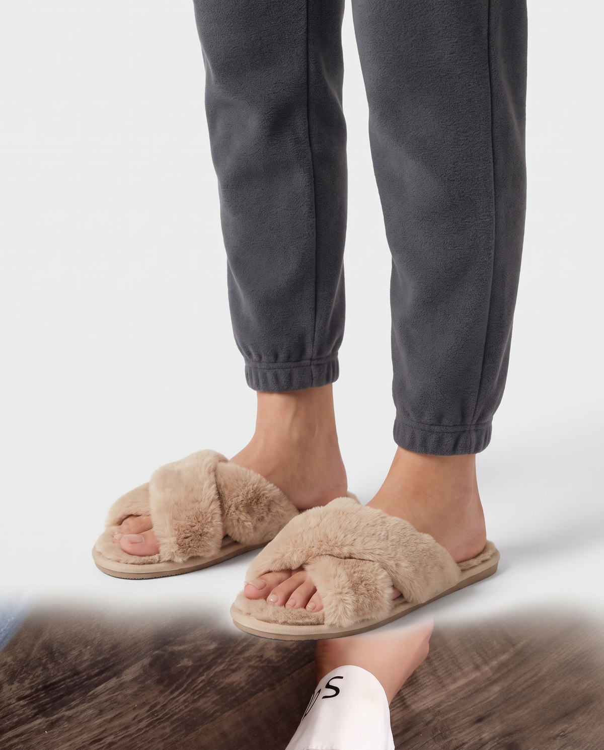 Women's Plush Cross-Strap Slippers in Khaki – three-quarter standing view