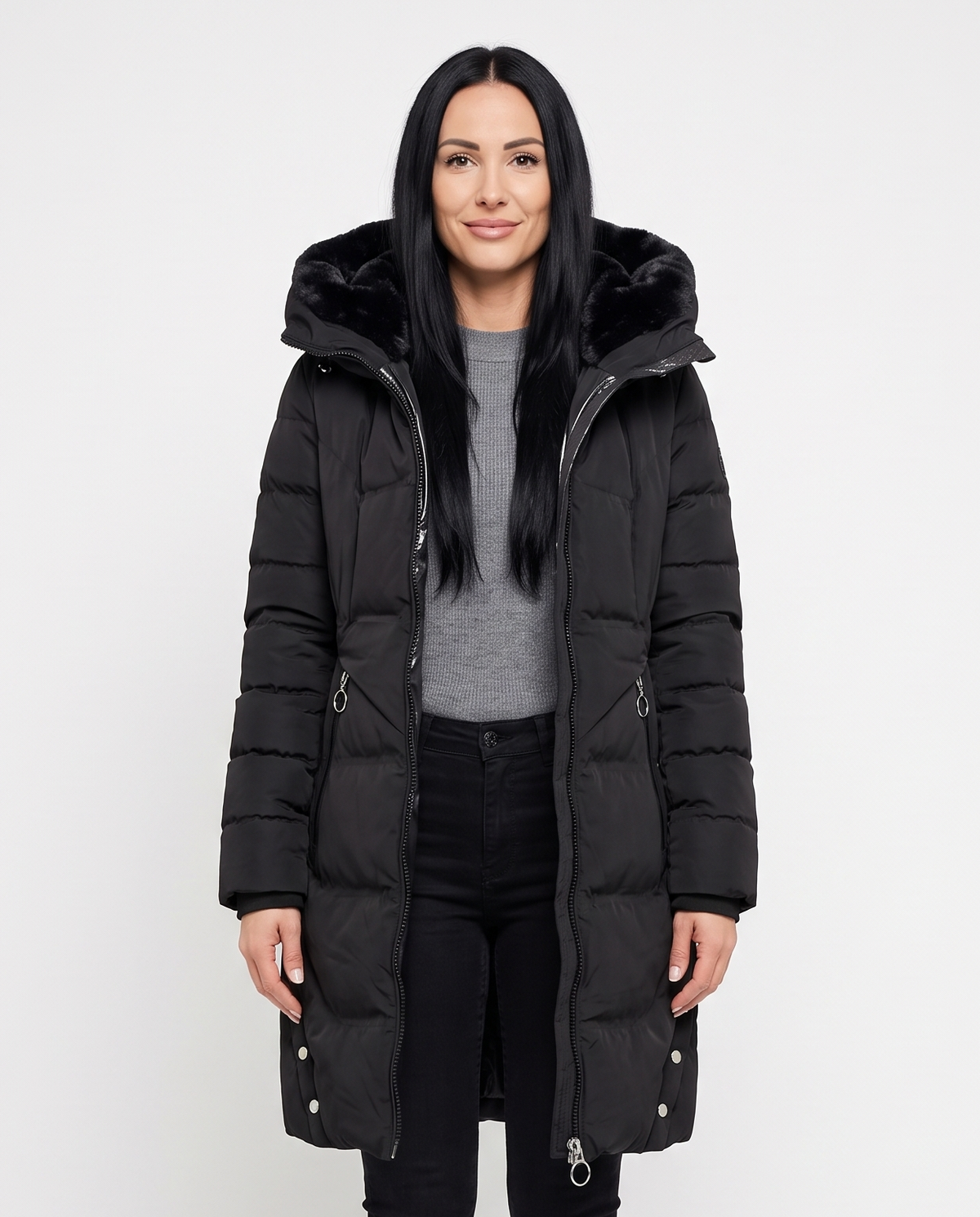 Women's Plush-Lined Long Puffer Jacket in Black – front view