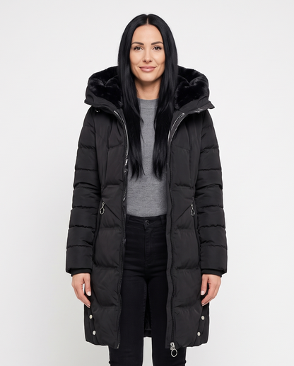 Women's Plush-Lined Long Puffer Jacket in Black – front view