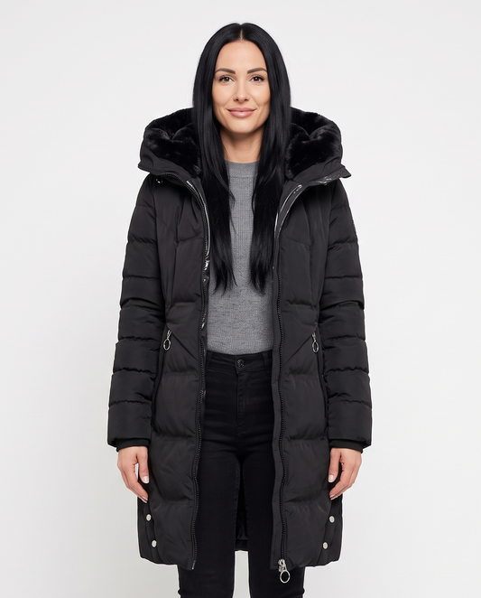Women's Plush-Lined Long Puffer Jacket in Black – front view