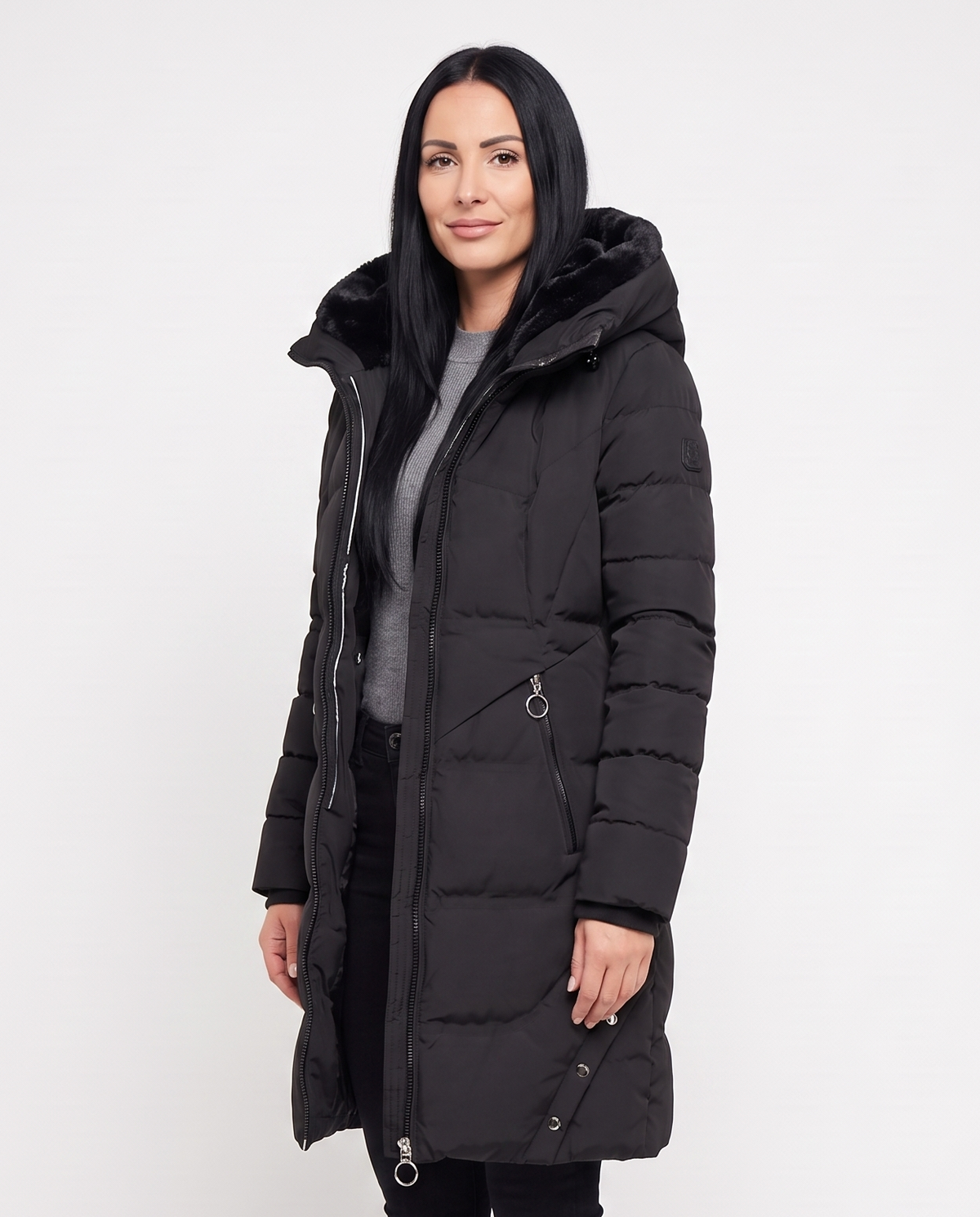 Women's Plush-Lined Long Puffer Jacket in Black – three-quarter view