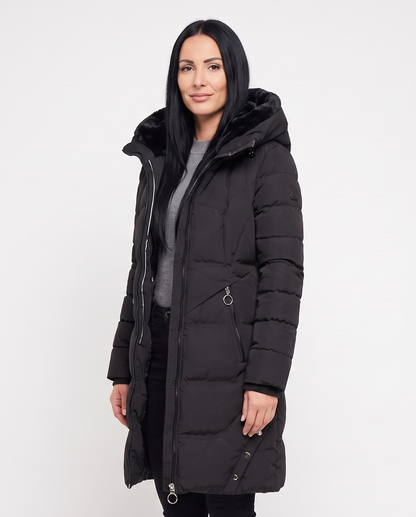 Women's Plush-Lined Long Puffer Jacket in Black – three-quarter view
