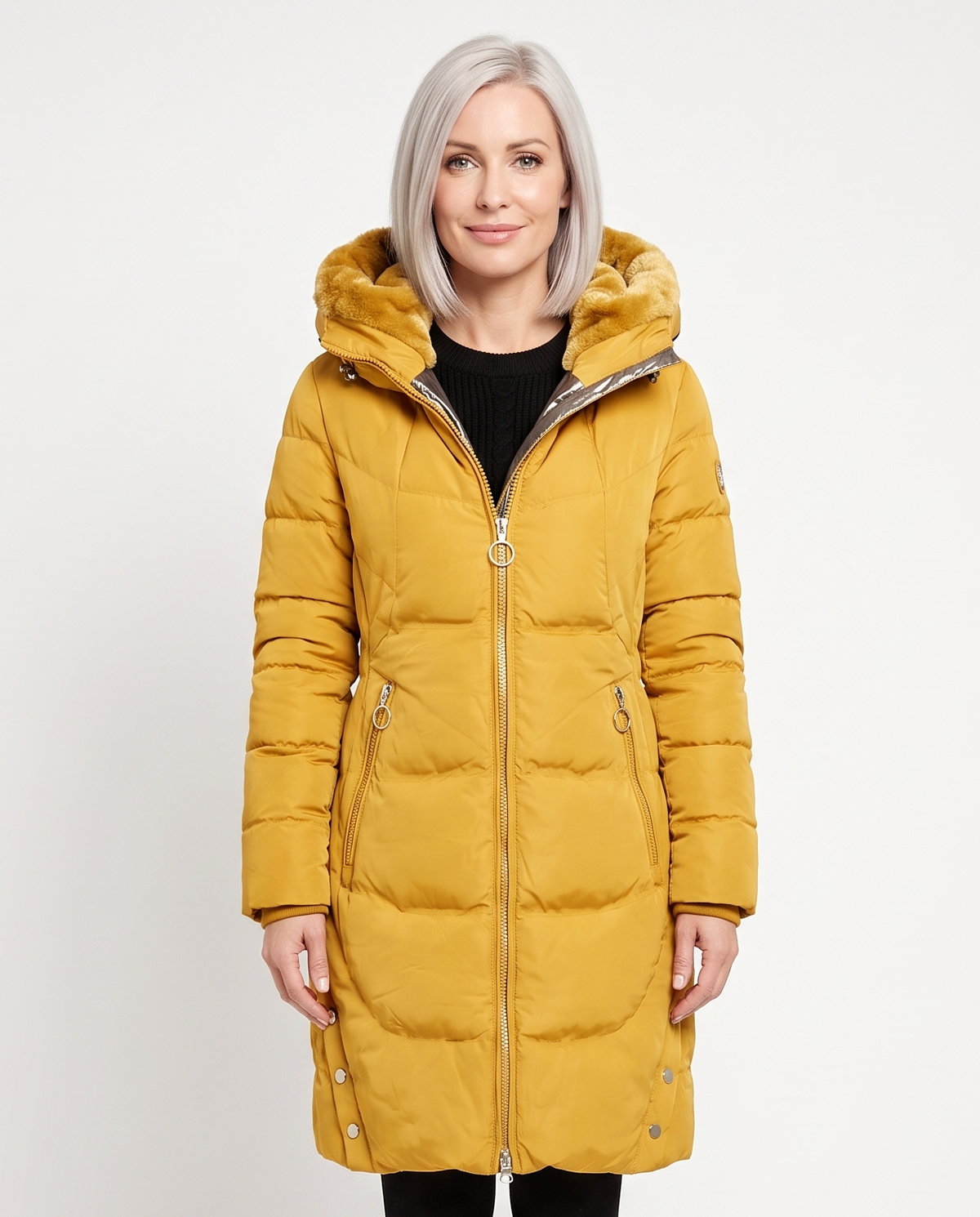 Women's Plush-Lined Long Puffer Jacket in Yellow – front view