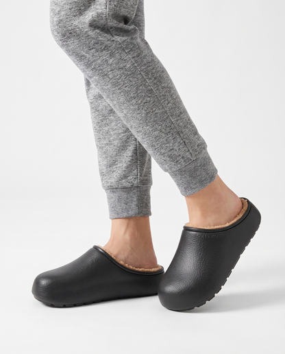 Women's Plush-Lined Winter Clog Slippers in Black – three-quarter standing view