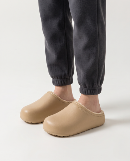 Women's Plush-Lined Winter Clog Slippers in Khaki – three-quarter standing view