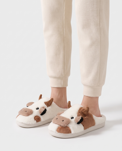 Women's Printed Plush House Slippers in Brown – three-quarter standing view