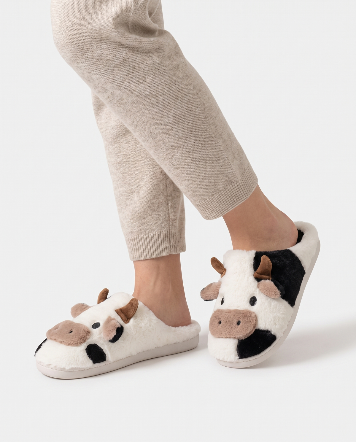 Women's Printed Plush House Slippers in White – three-quarter standing view