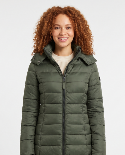 Women's Puffer Quilted Slim Mid-Length Jacket in Army Green – front view