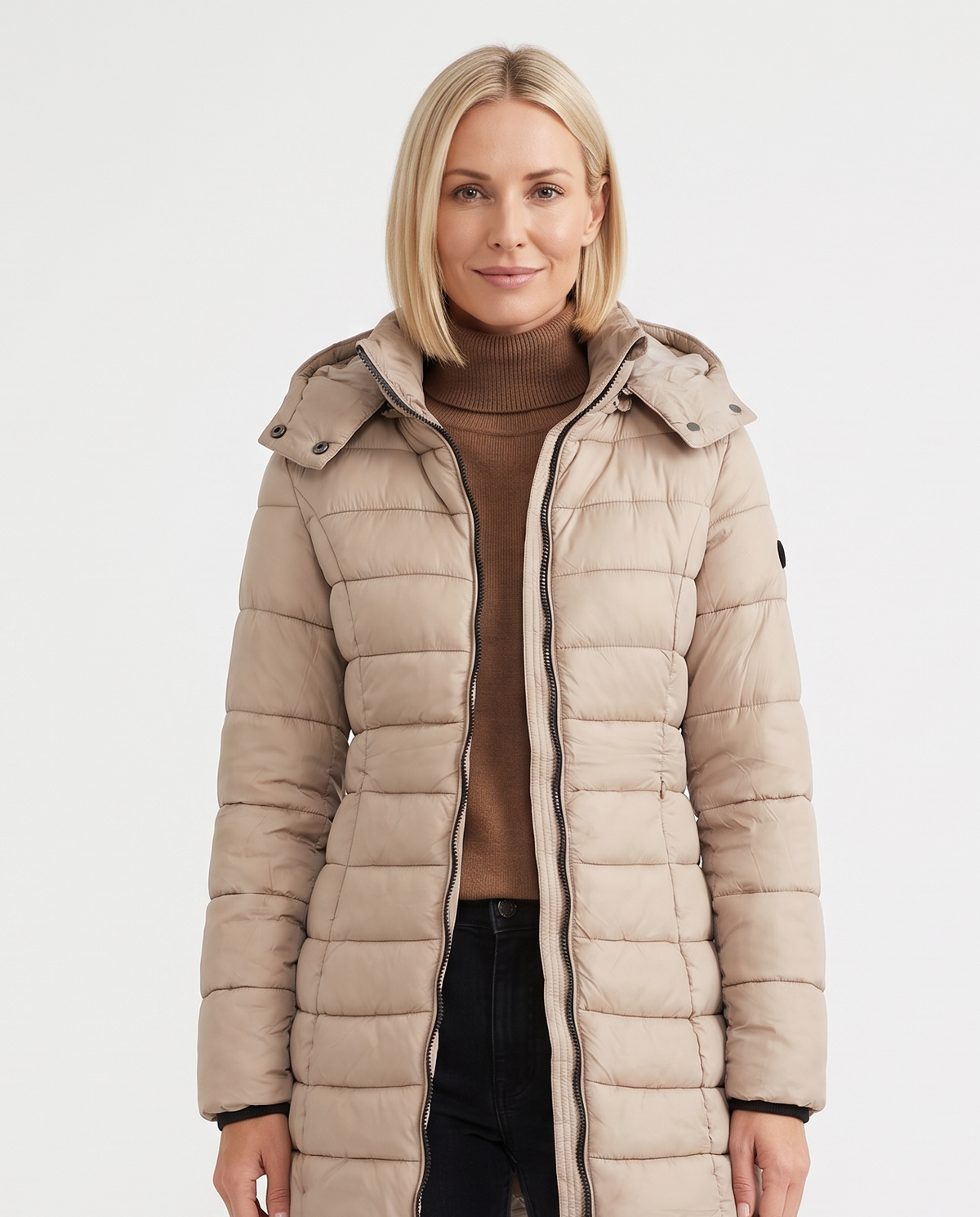 Women's Puffer Quilted Slim Mid-Length Jacket in Beige – front view