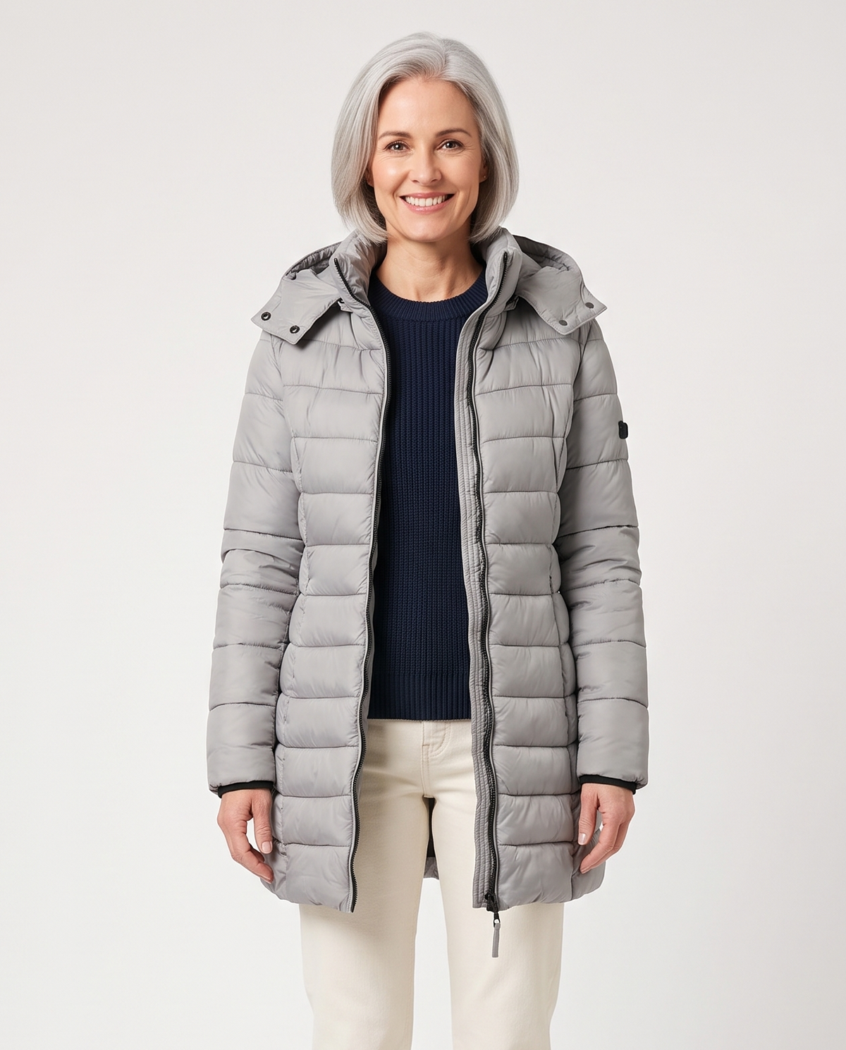 Women's Puffer Quilted Slim Mid-Length Jacket in Grey – front view