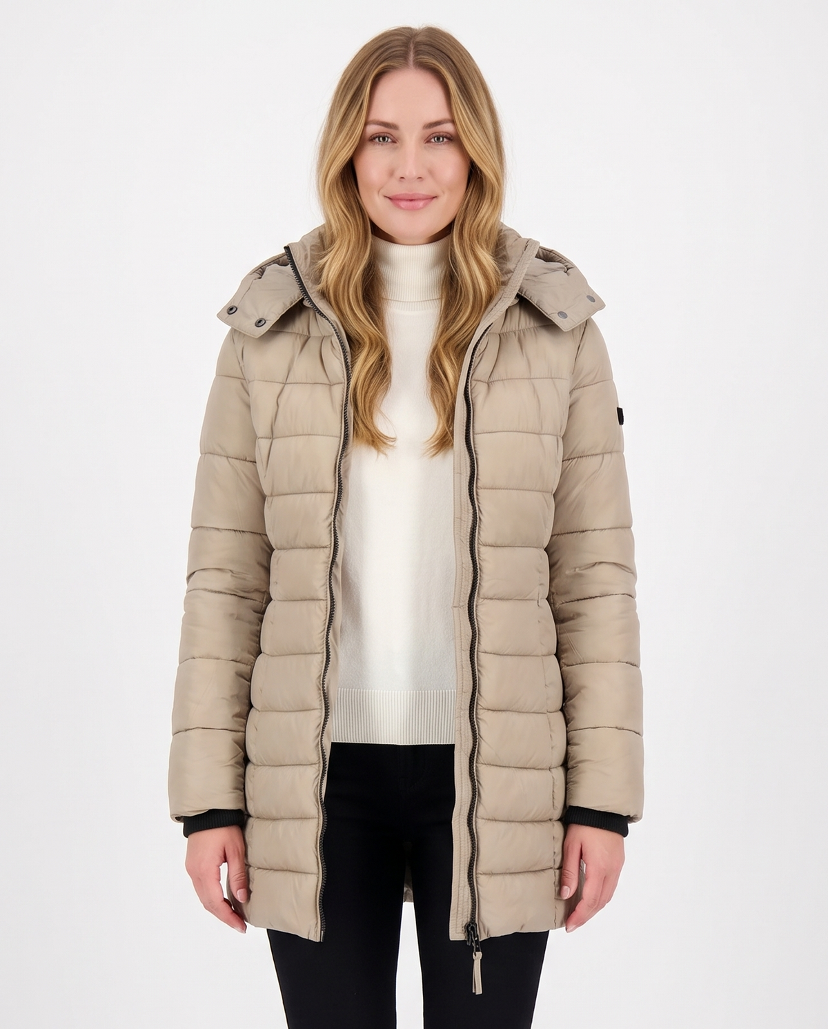 Women's Puffer Quilted Slim Mid-Length Jacket in Khaki – front view