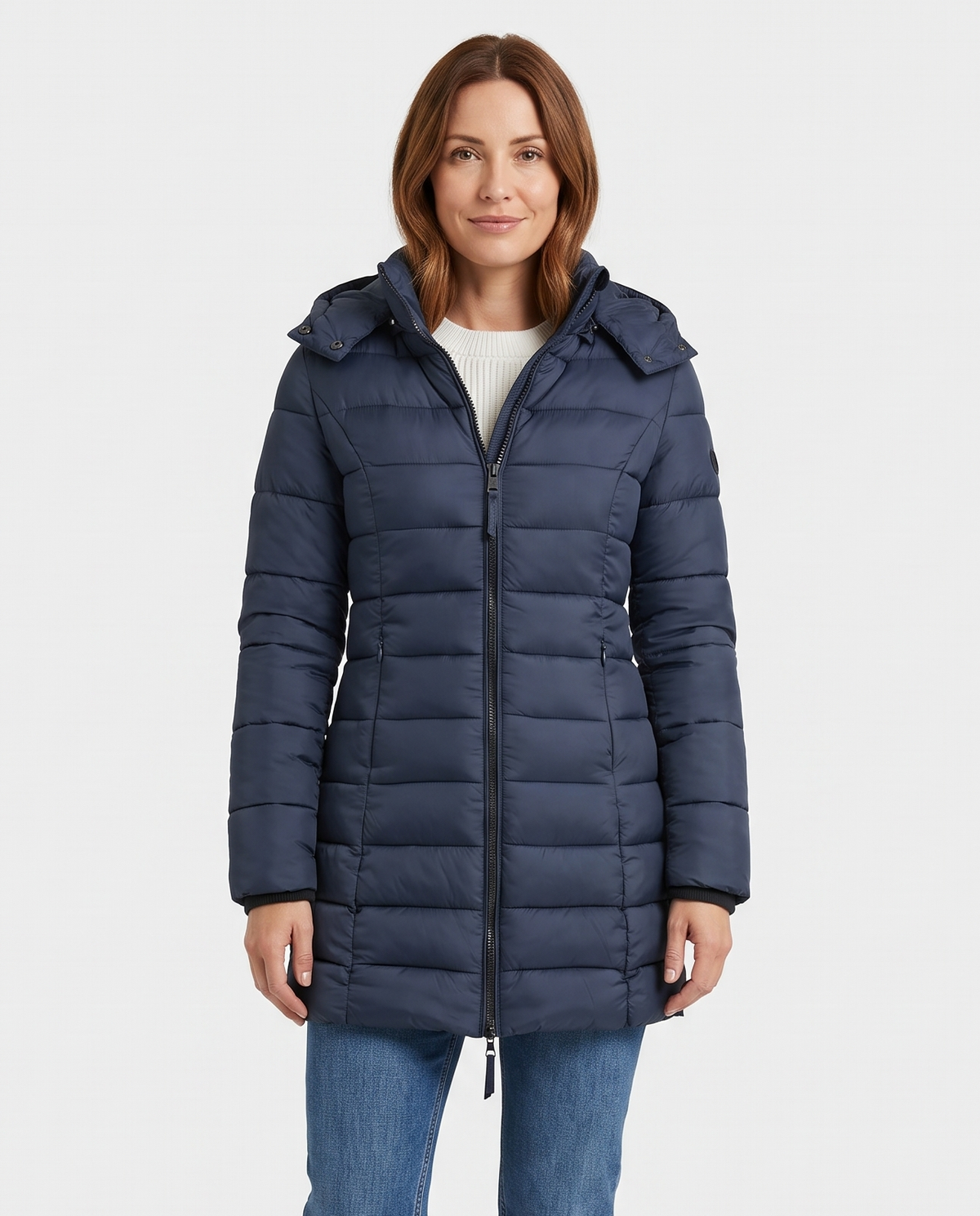 Women's Puffer Quilted Slim Mid-Length Jacket in Navy Blue – front view