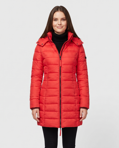 Women's Puffer Quilted Slim Mid-Length Jacket in Red – front view
