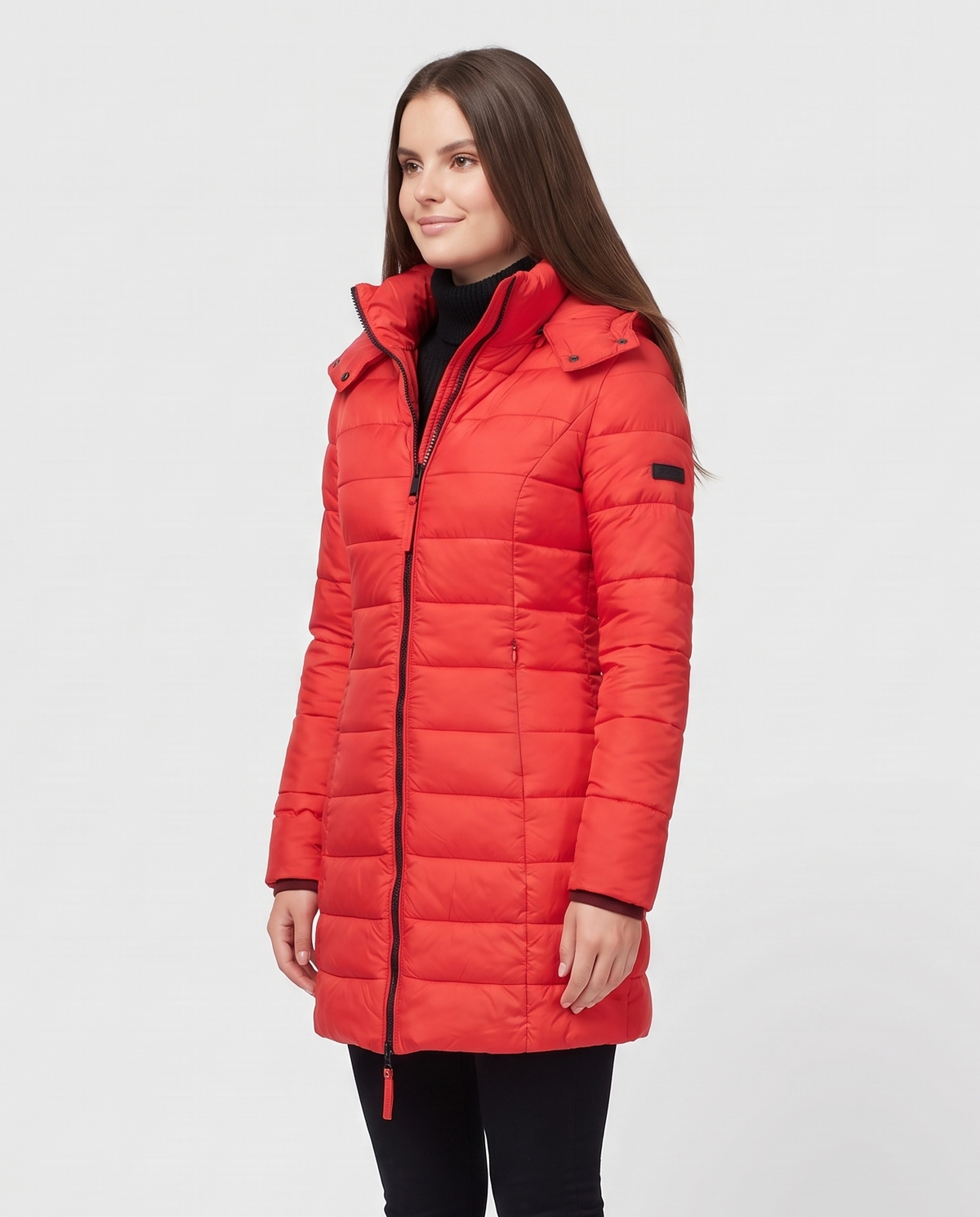 Women's Puffer Quilted Slim Mid-Length Jacket in Red – three-quarter view