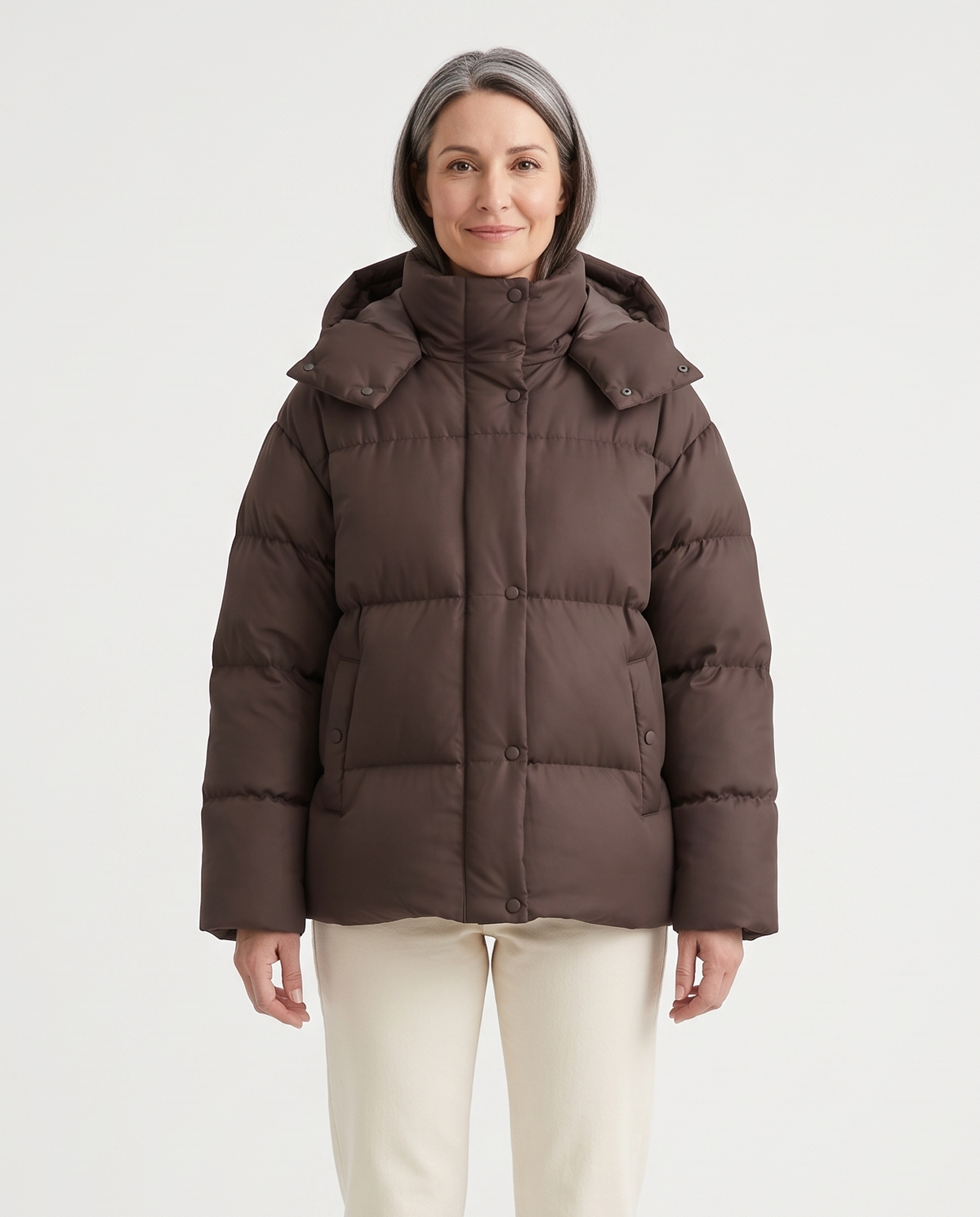Women's Relaxed Hooded Puffer Jacket in Brown – front view