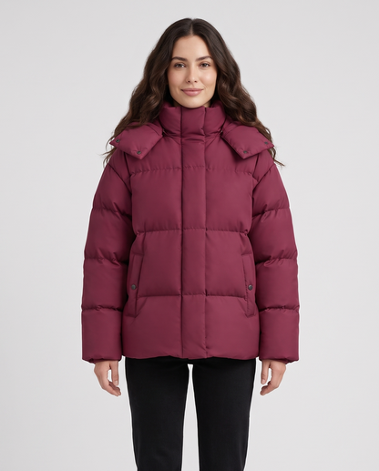 Women's Relaxed Hooded Puffer Jacket in Wine Red – front view