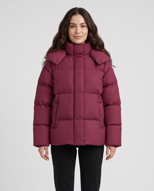 Women's Relaxed Hooded Puffer Jacket in Wine Red – front view