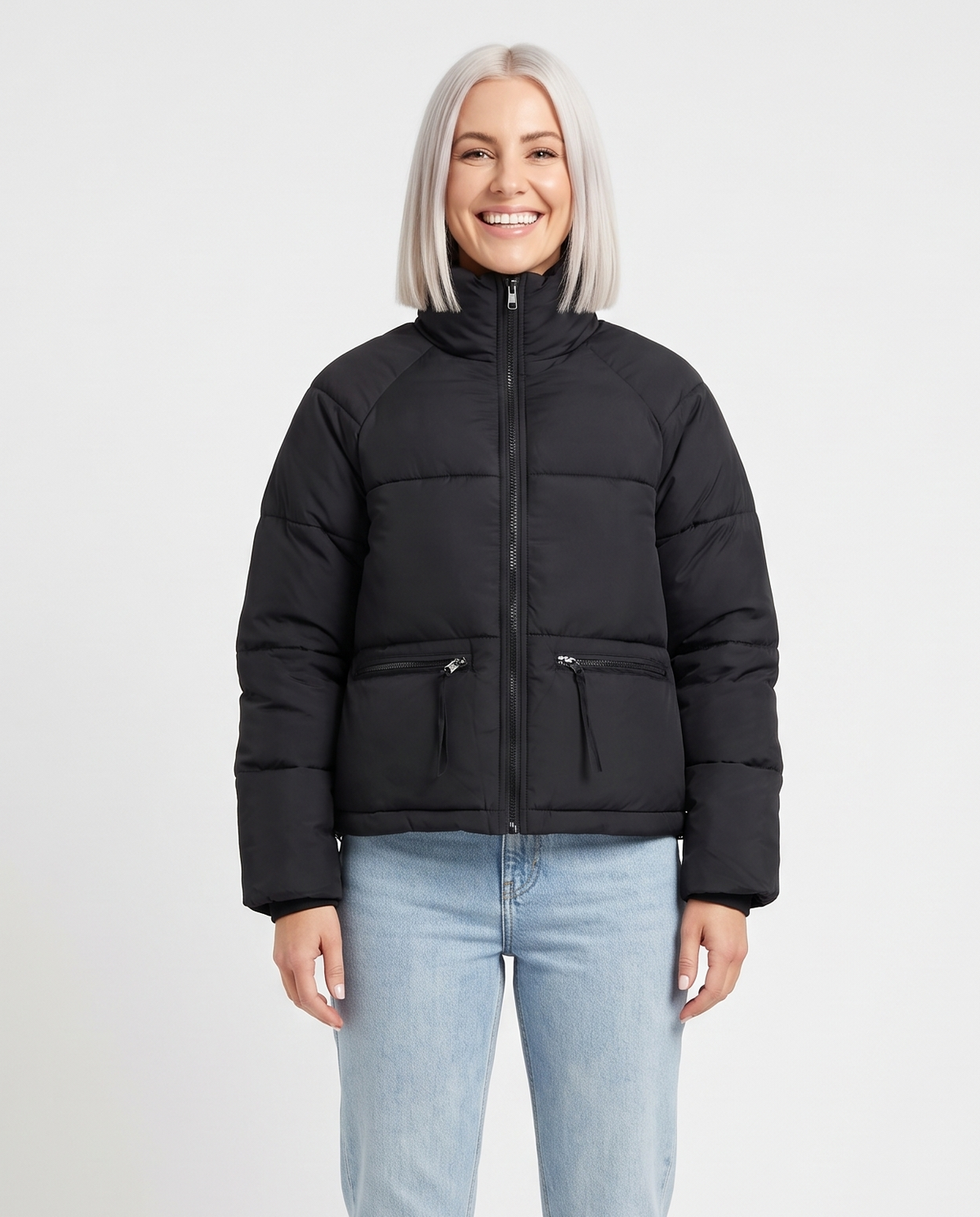 Women's Short Puffer Jacket in Black – front view