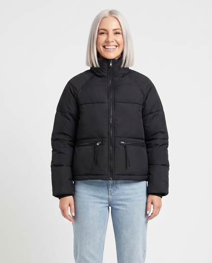Women's Short Puffer Jacket in Black – front view