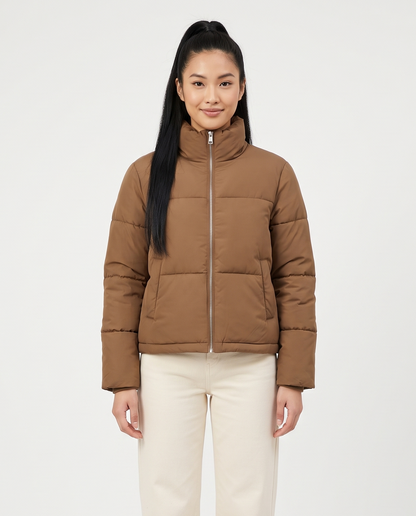 Women's Short Puffer Jacket in Brown – front view