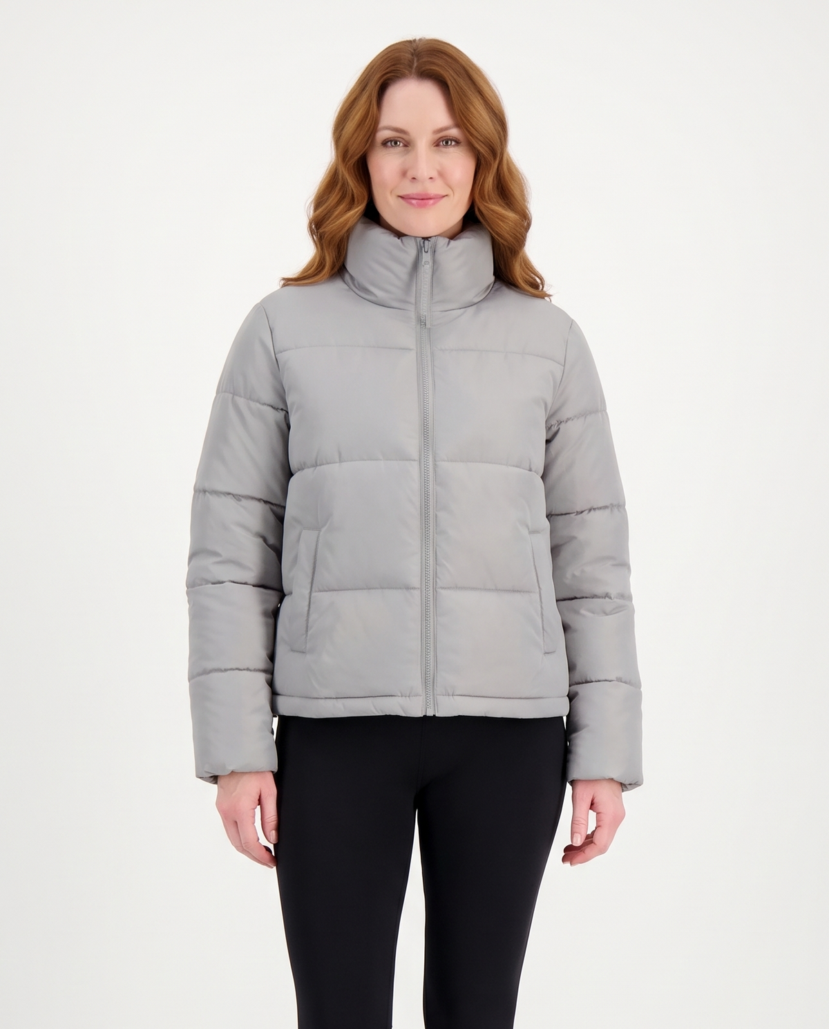 Women's Short Puffer Jacket in Grey – front view
