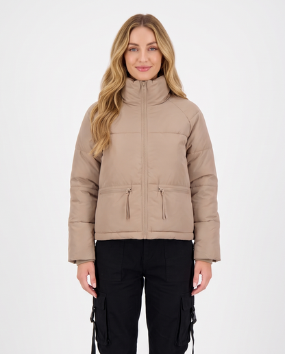 Women's Short Puffer Jacket in Khaki – front view