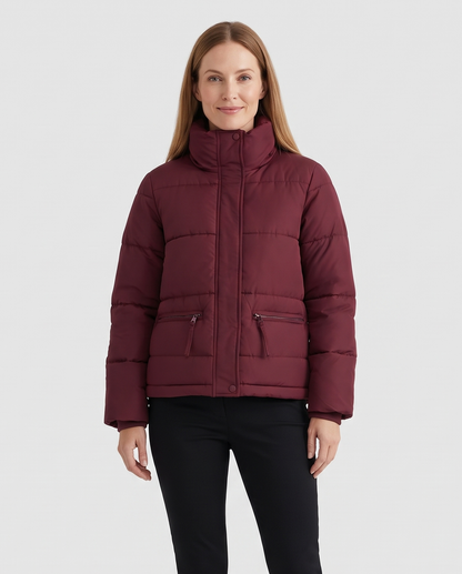 Women's Short Puffer Jacket in Wine Red – front view