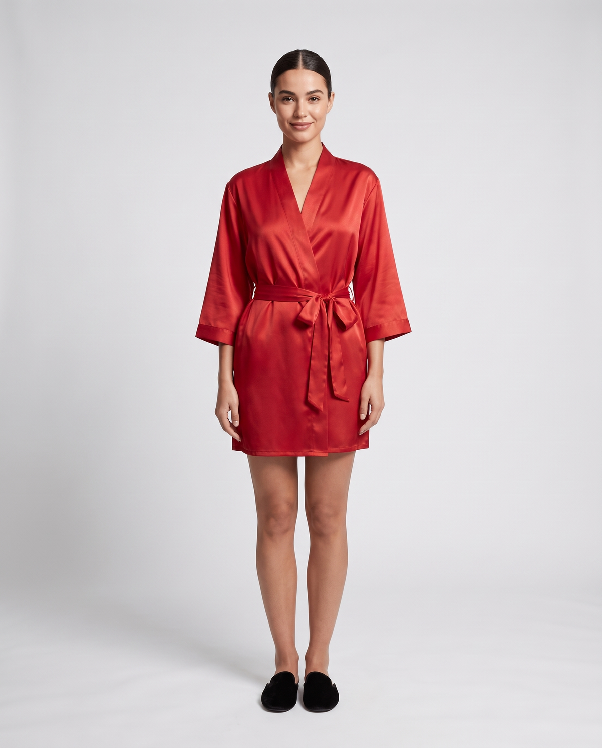 Women's Short Tie-Waist Dressing Gown in Red – front view