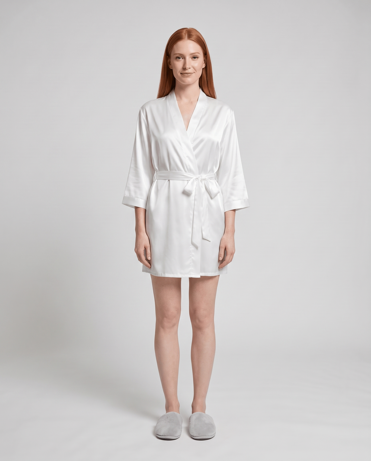 Women's Short Tie-Waist Dressing Gown in White – front view